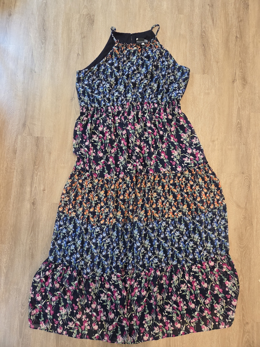 Maison Tara Navy Floral Tiered Maxi Dress with Pink Blue & Orange Blossoms